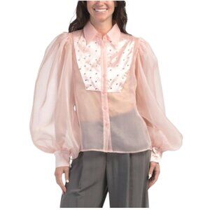 NANCY YANG Sheer Puff Sleeve Organza Tuxedo Top